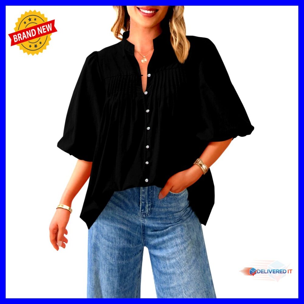 Lantern Sleeve Button Down Blouse Loose Fit V Neck Pleated Summer Top
